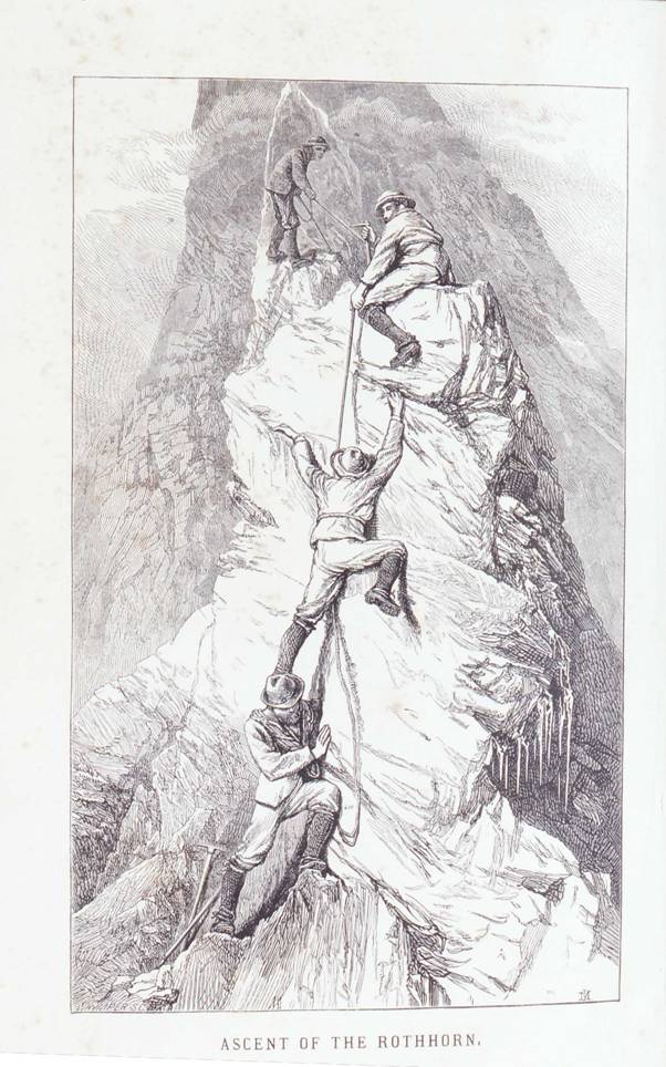 Edward Whympers (1840–1911) Aufstieg zum Rothorn, Holzstich, um 1871, unbekannter Künstler; Bildquelle: Stephen, Leslie: The Playground of Europe, London 1871 (Frontispiz), Exemplar des Deutschen Alpenvereins, Inv.-Nr. AM 93/112.