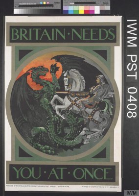 Britain Needs You at Once, Poster, Lithographie, 764 x 509 mm, 1915, unbekannter Künstler; © IWM (Art.IWM PST 0408), http://www.iwm.org.uk/collections/item/object/27762, IWM Non Commercial Licence, http://www.iwm.org.uk/corporate/privacy-copyright/licence.