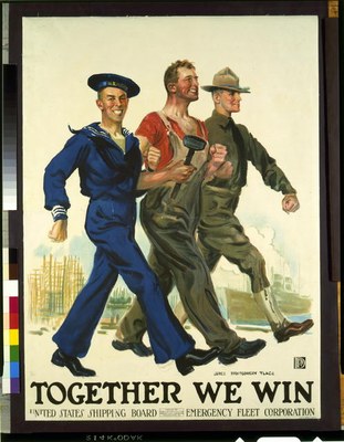 Together we win, Farbposter, Künstler: James Montgomery Flagg; Bildquelle: Library of Congress Prints and Photographs Division, Reproduction Number: LC-USZC4-1660, http://hdl.loc.gov/loc.pnp/cph.3g01660, gemeinfrei.