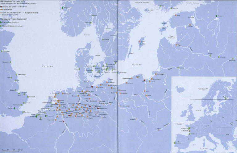 Hansestädte im Jahr 1554, Karte, 2009, Ersteller: Peter Palm, Berlin; Bildquelle: Hammel-Kiesow, Rolf / Puhle, Matthias (u.a.): Die Hanse, Darmstadt 2009, Vorsatzkarte. Mit freundlicher Genehmigung des Primus Verlag.