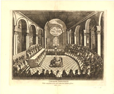 Council of Trent in Santa Maria Maggiore church, Gemälde, Ende des 17. Jahrhunderts, unbekannter Künstler; Bildquelle: Wikimedia Commons, https://commons.wikimedia.org/wiki/File:Council_of_Trent.JPG, gemeinfrei.