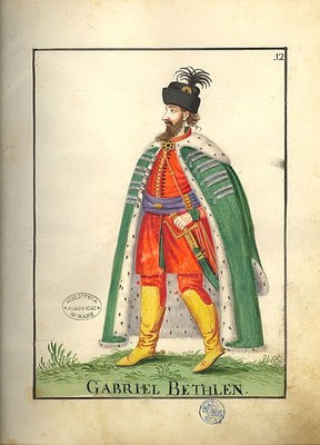 Ganzfigur-Portrait und Tracht von Gabriel Bethlen (1580–1629), Zeichnung basierend auf Wasserfarben eines Grazer Künstlers, 1729, unbekannter Künstler; Bildquelle: The Romanian Academy Library, Wikimedia Commons, https://commons.wikimedia.org/wiki/File:Trachten-Kabinett_von_Siebenbürgen_-_Gabriel_Bethlen.jpg, gemeinfrei.