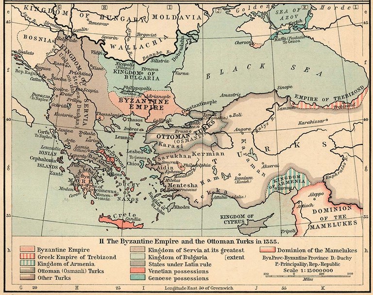 Quelle der Karte: The Historical Atlas by William R. Shepherd, 1911.  Digitalisat: The University of Texas at Austin, http://www.lib.utexas.edu/maps/historical/shepherd/byzantine_empire_1355.jpg