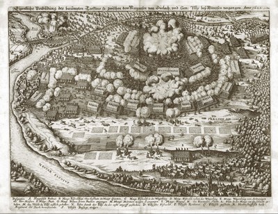 Matthäus Merian d. Ä. (1593–1650): Die Schlacht bei Wimpfen, Kupferstich, 1635; Bildquelle: ders. u.a., Theatrum Europaeum, vol. 1, 3. Auflage, Franckfurt am Mayn 1662, Digitalisat Universitätsbibliothek Augsburg, Signatur 02/IV.13.2.26-1, Tafel nach S. 692, http://www.nbn-resolving.de/urn:nbn:de:bvb:384-uba000236-6, https://media.bibliothek.uni-augsburg.de/node?id=38677.