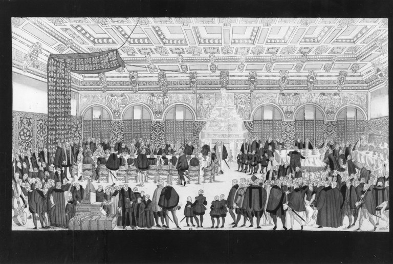 Nikolaus Solis (ca. 1542–1584), Die Münchner Fürstenhochzeit von 1568 (Hochzeitsbankett), Stahlstich, angefertigt im Auftrag des bayerischen Herzogs Wilhelm V. (1548–1626), ca. 1568; Bildquelle: Staatliche Graphische Sammlung München, Inventarnummer 1910:226-35 D.