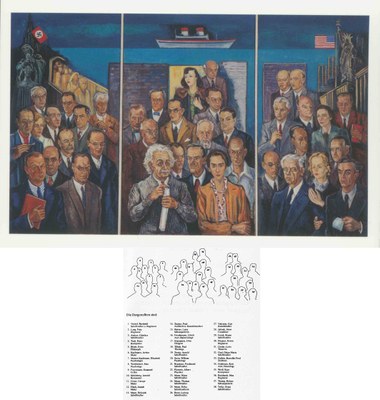 Oben: Arthur Kaufmann (1888–1971), Die geistige Emigration, 1939–1964, Triptychon, Öl auf Hartfaser, 213 x 343 cm; Bildquelle: Kunstmuseum Mülheim an der Ruhr, © VG Bild-Kunst, Bonn 2011.Unten: Arthur Kaufmann (1888–1971), Die geistige Emigration, Identifizierung der Personen und Namen; Bildquelle: Kunstmuseum Mülheim an der Ruhr, © VG Bild-Kunst, Bonn 2011.