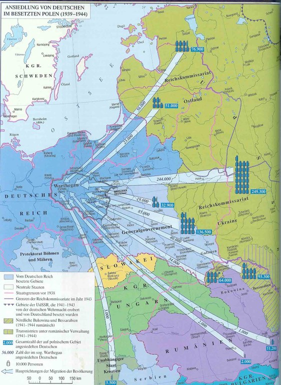 Ansiedlung vom Deutschen im besetzten Polen 1939–40, Karte, unbekannter Ersteller; Bildquelle: Hryciuk, Grzegorz u.a.: Zwangsumsiedlung, Flucht und Vertreibung 1939–1959: Atlas zur Geschichte Ostmitteleuropas, Bonn 2009, S. 163, mit freundlicher Genehmigung des Demart Verlages, http://demart.com.pl/product/37,wysiedlenia---atlas-zwangsumsiedlung--flucht-und-vertreibung--ostmitteleuropa.html.