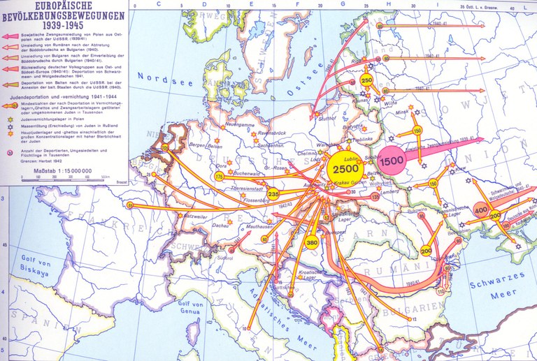 Europäische Bevölkerungsbewegungen 1939–1945, Karte, unbekannter Ersteller; Bildquelle: Engel, Josef / Zeeden, Ernst Walter: Großer Historischer Weltatlas, München 1991, vol. 3: Neuzeit, S. 89 oben. Mit freundlicher Genehmigung der Oldenbourg Schulbuchverlag GmbH.