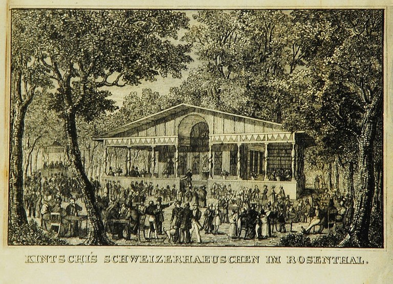 Ausflugslokal "Kintschis Schweizerhäuschen" im Rosenthal bei Leipzig, Lithographie, o.J. [vor oder 1839]; Bildquelle: Photographie aus: Große, Karl: Geschichte der Stadt Leipzig von der ältesten bis auf die neueste Zeit, Leipzig 1839, vol. 1, Photograph: Hans-Peter Haack, wikimedia commons, http://commons.wikimedia.org/wiki/File:Rosental_(Leipzig)_um_1839.JPG.  licensed under the Creative Commons Attribution 3.0 Unported license.