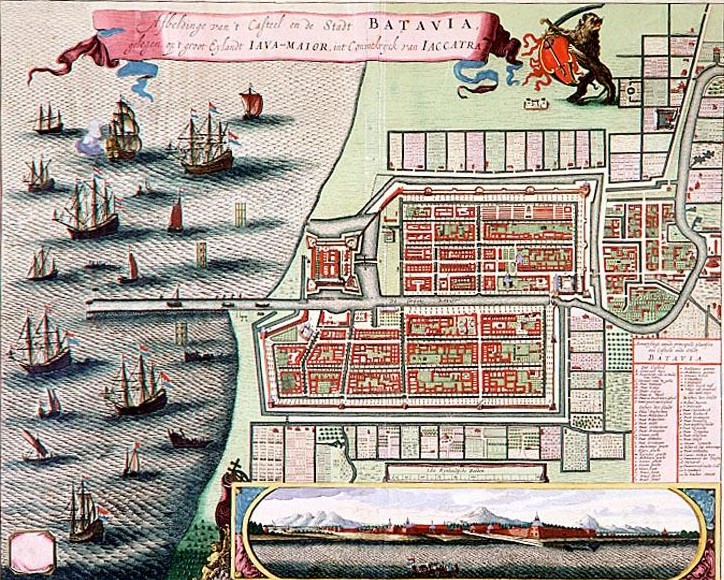 "Afbeldinge van 't Casteel en de Stadt Batavia…", kolorierter Stich von C. de Jonghe [?] nach M. du Chesne [?], Amsterdam: R. & J. Ottens 1740; Bildquelle: De Nationale Bibliotheek van Nederland in Den Haag, Sammlung Atlas Van Stolk, 3597-3, http://www.geheugenvannederland.nl/?/nl/items/ATVS02:17289.