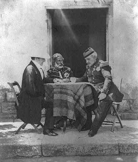 Council of War held (Lord Raglan, Maréchal Pélissier, & Omar Pacha), black-and-white photograph, photographer: Roger Fenton (1819–1869), 1855; source: Library of Congress, Prints and Photographs Division Washington, http://hdl.loc.gov/loc.pnp/cph.3a06132.