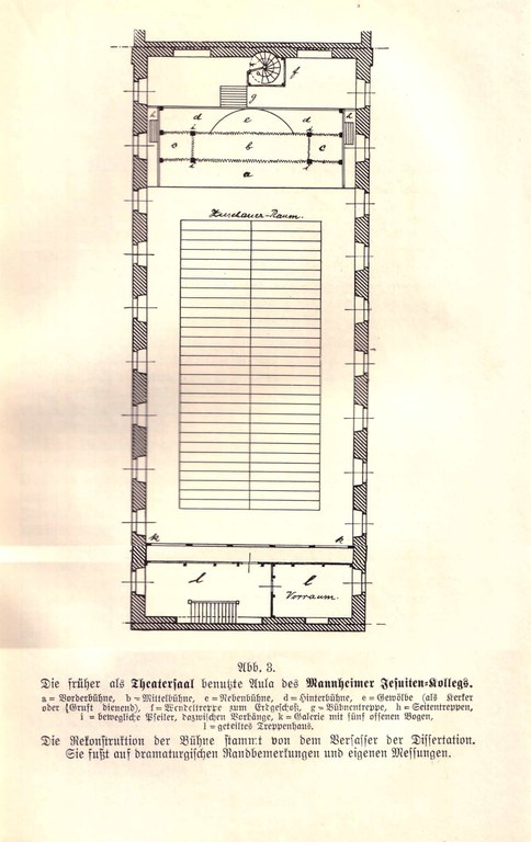 Fritz Droop, Die früher als Theatersaal benutzte Bühne des Jesuiten-Collegs, [1930]; Bildquelle: Droop, Fritz: Die handschriftlichen Jesuiten-Dramen des Collegii Mannheimensis, Heidelberg 1930.