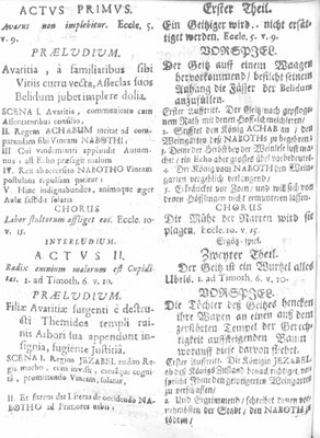 S. 2 der Perioche des Stückes "Avaritia semper egens in Achabo Rege a Deo rigorosa castigata", aufgeführt am Kölner Gymnasium Montanum im September 1710; Bildquelle: Rara-Abteilung der Mainzer Stadtbibliothek, Signatur XIV I:4° /168 a, Nr. 5