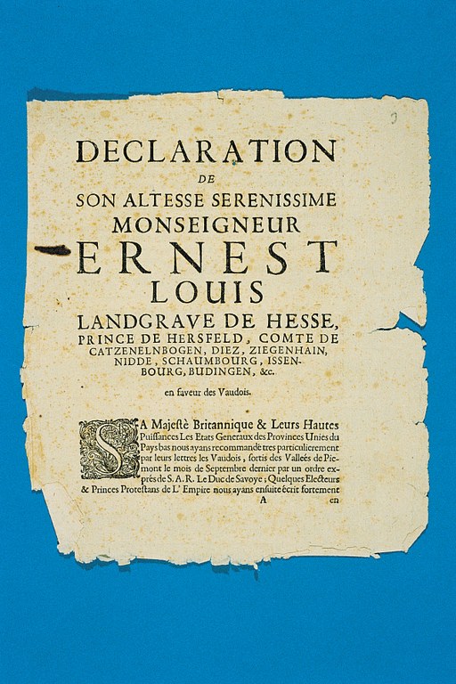 Das Waldenserprivileg (erlassen am 22. April 1699) von Landgraf Ernst Ludwig von Hessen-Darmstadt (1667–1739), Bildquelle: Mit freundlicher Genehmigung des Henri-Arnaud-Hauses Ötisheim-Schönenberg. 