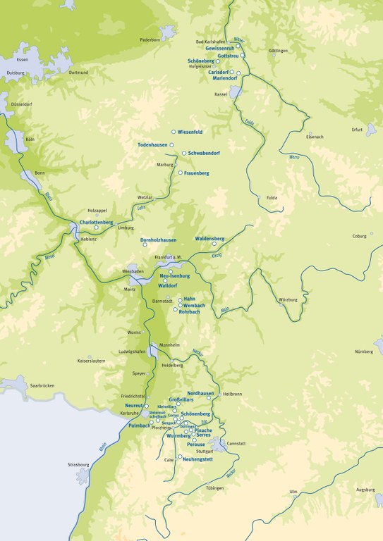 Karte der Waldenserkolonien in Deutschland, Entwurf: Dignus, Bad Boll; Bildquelle:  Mit freundlicher Genehmigung des Henri-Arnaud-Hauses Ötisheim-Schönenberg. 