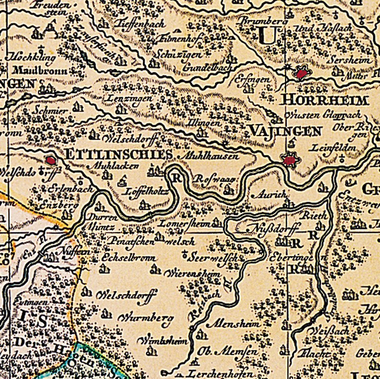 Karte: Welschdörfer (Waldenserkolonien), Ausschnitt  aus der Landkarte, die Jacques Michal (ca. 1685–ca. 1750) 1724 von der Schwäbischer Reichskreis zeichnete (Suevia Universa IX. Tabulus delineata). Mit freundlicher Genehmigung des Henri-Arnaud-Hauses Ötisheim-Schönenberg.