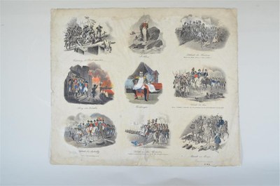 Pohl, C., Bilderbogen No. LI zu Kaiser Napoleon I., Papier, Lithografie, teilweise von Hand koloriert, 36 x 43,2 cm, ca. 1820–1830; Bildquelle: © Staatliche Kunstsammlungen Dresden, Museum für Sächsische Volkskunst, Inventarnummer E 1668/2, http://skd-online-collection.skd.museum/de/contents/show?id=1276217, 