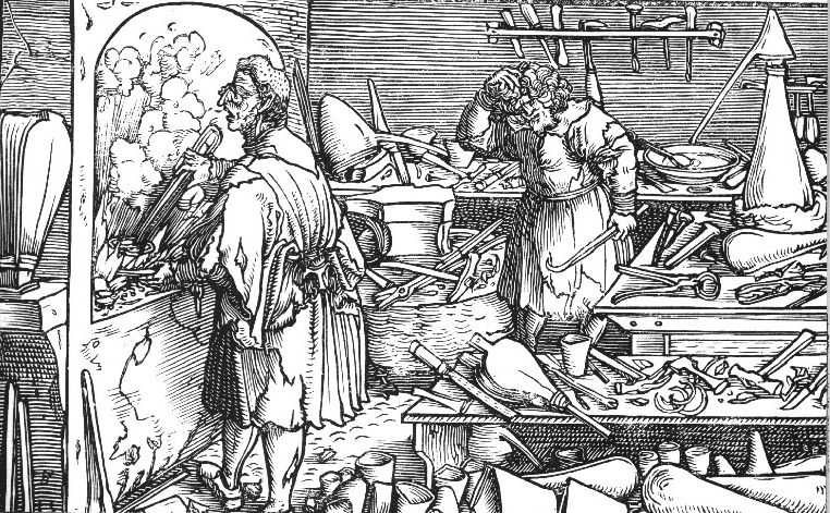 Hans Weiditz (ca. 1500–1536), Zwei Alchimisten im Labor, Holzschnitt, 1532; Bildquelle: Staatliche Kunstsammlungen Dresden, Kupferstich-Kabinett.