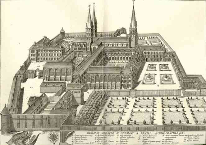 Unbekannter Künstler, Die Abtei Saint Germain des Prés im Jahre 1687; [o.J.]; Bildquelle: Germain, Michel: Le Monasticon Gallicanum: Collection de 168 planches de vues topographiques des monastères bénédictins de la Congrégation de Saint-Maur, avec deux cartes des établissements de l'ordre de Saint-Benoît, Paris, 1871.