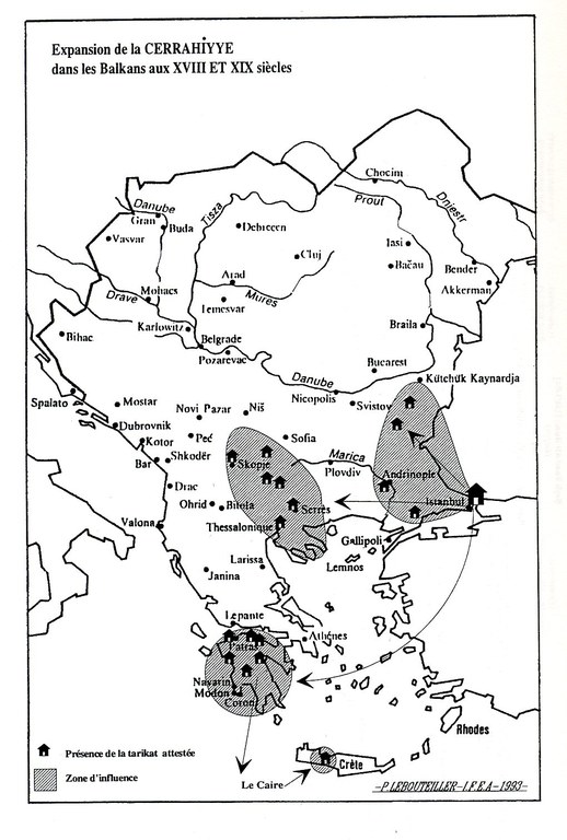 Expansion of the Jerrahiyye brotherhood in the Balkans in the 18th and 19th centuries, map, author: ??; source: Clayer, Nathalie: Mystiques, Etat et Société: Les Halvetis dans l'aire balkanique de la fin du XVe siècle à nos jours, Leiden 1994.