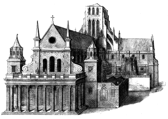 Wenceslaus Hollar (1607–1677), Old St. Paul's From the West, Kupferstich, 17. Jh.; Bildquelle: Benham, William: Old St. Paul's Cathedral, London u.a. 1902. Digitalisiert von: Project Gutenberg, http://www.gutenberg.org/files/16531/16531-8.txt, Bild: http://www.gutenberg.org/files/16531/16531-h/images/0147-spaulswest-550.png.