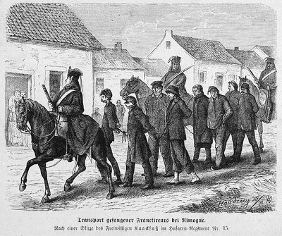 Hermann Knackfuß (1848–1915), Transport gefangener Franctireurs bei Nimogue, drawing, 1870; source: Die Gartenlaube 8 (1871), S. 129, Wikimedia Commons, http://commons.wikimedia.org/wiki/File:Die_Gartenlaube_(1871)_b_129.jpg, public domain.