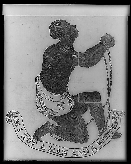 "Am I not a man and a brother?", USA, Holzschnitt, 1837, unbekannter Künstler; Bildquelle: Whittier, John Greenleaf: Our Countrymen in Chains, New York: sold at the Anti-Slavery Office, 144 Nassau St. 1837, Library of Congress, Rare Book and Special Collections Division, DIGITAL ID: (digital file from b&w film copy neg. of detail of man and banner) cph 3a44497, LCCN Permalink: http://lccn.loc.gov/2008661312.