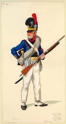 Ludwig Scharff, Bavarian Infantry Soldier (13. Lin. Inf. Rgt. 1 Gren. König 1806), watercolour, 25.6 x 51.5 cm, 19th century; source: Anne S.K. Brown Military Collection, Brown University Library, http://dl.lib.brown.edu/catalog/catalog.php?verb=render&id=1186581044406250.