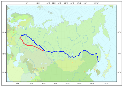 Transsibirische Eisenbahn, Blau: Aktuelle Streckenführung, Rot: Ursprüngliche Streckenführung, Karte, 2013, Ersteller: Reinhard Dietrich; Bildquelle: Wikimedia Commons, http://commons.wikimedia.org/wiki/File:Transsibirische_Eisenbahn.png, gemeinfrei.