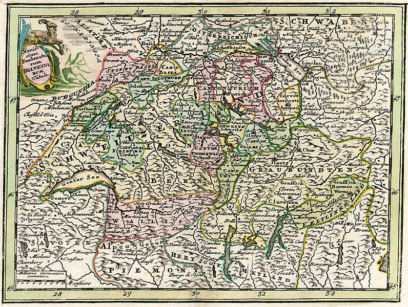 „Novissima Foederatarum Helvetiqum“, Landkarte, Deutschland, 1762, unbekannter Autor; Bildquelle: Dietmann, Carl Gottlob / Haymann, Johann Gottfried: Neue Europäische Staats- und Reisegeographie, Dresden und Leipzig 1762, vol. X.