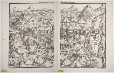 Hans Guldenmundt (gest. 1560), Contrafactur, wie der Turck Wien belagert, Lithographie nach einem Holzschnitt, 1869; Bildquelle: SLUB Dresden, Deutsche Fotothek (http://www.deutschefotothek.de) und Kartensammlung (http://www.deutschefotothek.de/info/kartenforum.html) Inv.-Nr. SLUB/KS B1015-B1016 & SLUB/KS B1015 & SLUB/KS B1016, Permalink: http://www.deutschefotothek.de/?df_dk_0011133.