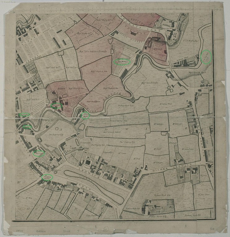 J. Thornton, A plan of Manchester and Salford, drawn from an actual survey by William Green. c.1794: Ardwick Green to Higher Ardwick. Ancoats Lane, Ancoats Hall, River Medlock; Kupferstich (mit Hervorhebungen der Redaktion), 1794, ; Bildquelle: Manchester Library and Information Service, Green MS map, http://www.spinningtheweb.org.uk/web/objects/common/webmedia.php?irn=5000218. 