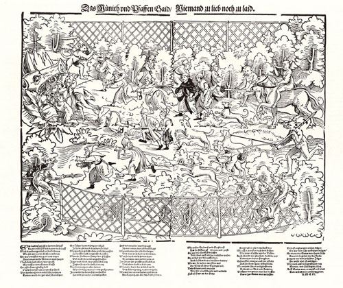 Erhard Schön (1491–1542), Jagd auf Mönche und Pfaffen, Flugblatt mit Holzschnitt und Typendruck, 44,8x50cm, undatiert [um 1525], Text von Hans Sachs (1494–1576) (Werke, Bd. 22, S. 316-318; Bd. 25, Re.Nr. 1576), Geisberg/Strauss Nr. 1090, Bildquelle: © Bildagentur für Kunst, Kultur und Geschichte (bpk); Bildnummer XXXXX???, Standort des Originals: Berlin, Kupferstichkabinett (Staatliche Museen zu Berlin, Preußischer Kulturbesitz).