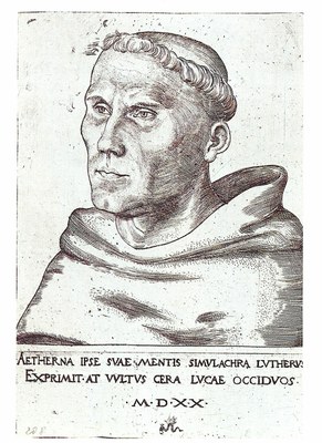 Lucas Cranach d.Ä. (1472–1553), Martin Luther als Augustinermönch, Kupferstich, 14,1x9,8cm (3. Zustand), 1520; Bildquelle: © Lutherhaus, Wittenberg (Stiftung Luthergedenkstätten in Sachsen-Anhalt), Inv.-Nr. 4° IV 208, http://www.martinluther.de/de/stiftung.html.