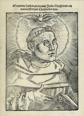 Hans Baldung Grien (1484–1545), Martin Luther unter der Taube des Heiligen Geistes, Holzschnitt, 15,5x11,5cm, 1521; Bildquelle: © Bildagentur für Kunst, Kultur und Geschichte (bpk)/Kupferstichkabinett, SMB/Jörg P. Anders; Bildnummer 00043090, Standort des Originals: Berlin, Kupferstichkabinett (Staatliche Museen zu Berlin, Preußischer Kulturbesitz). 